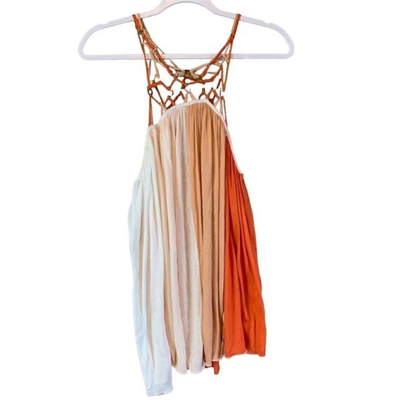 𝅺Free People Macrame Tunic Tank Top Colorblock Orange Tan White Size XS - Picture 3 of 11